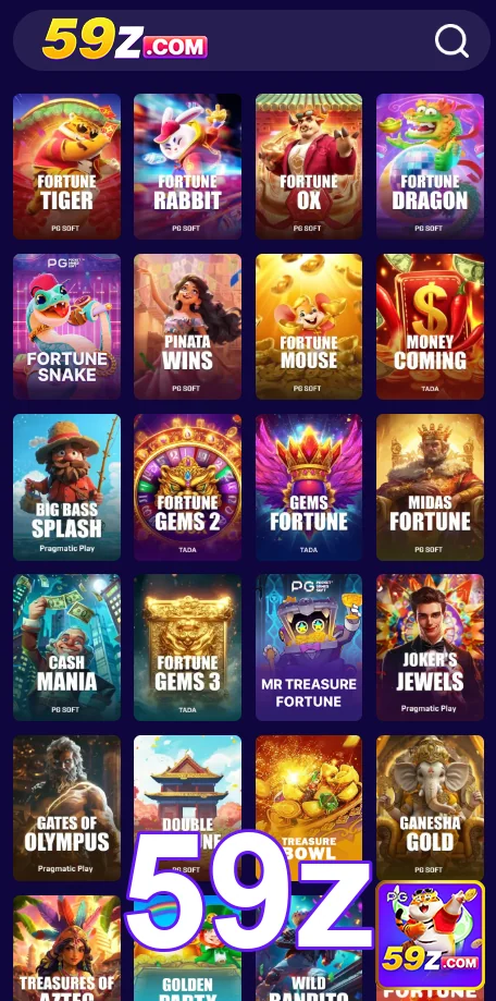 Variedade de jogos disponíveis na 59z para jogadores VIP.